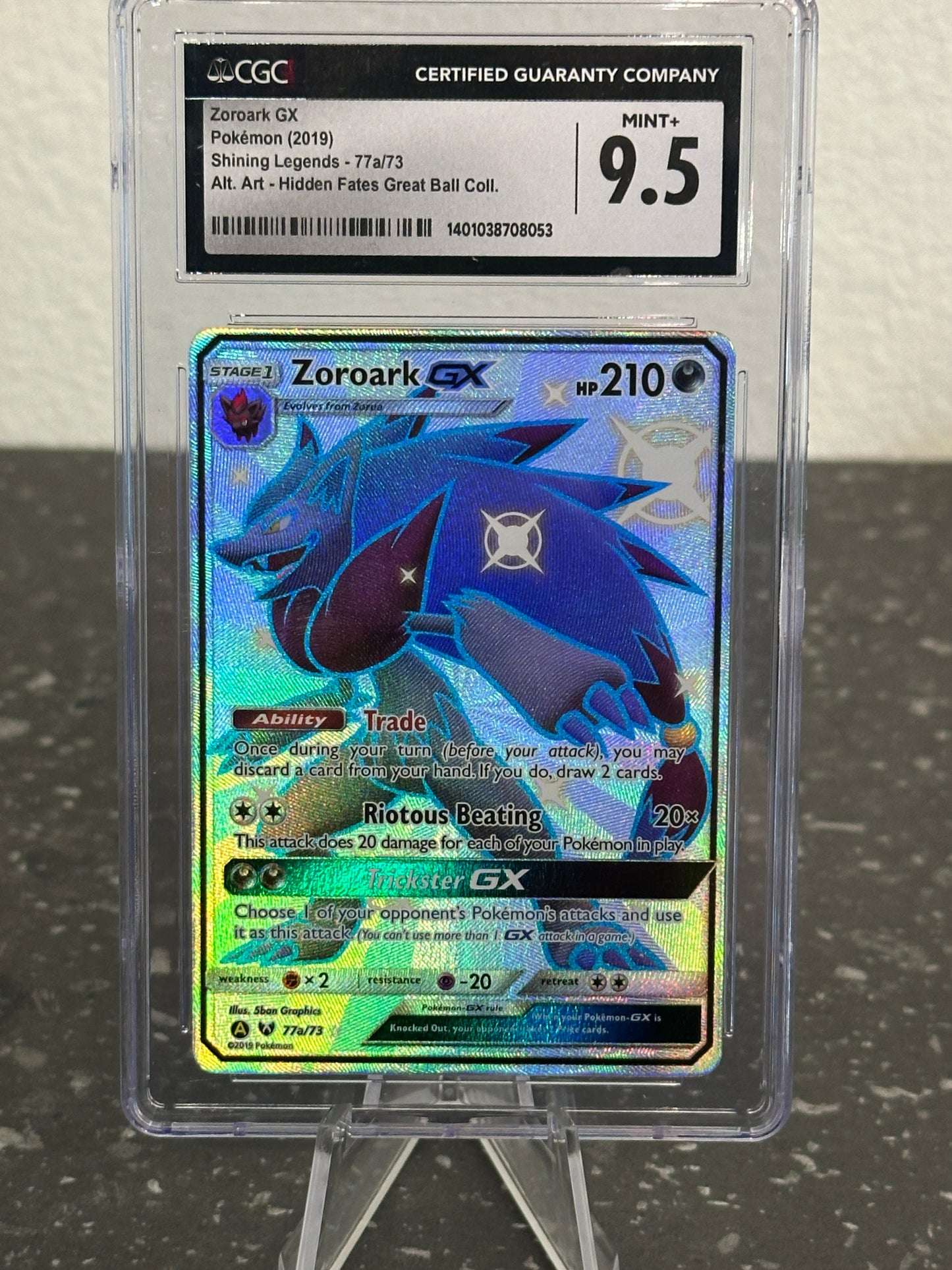 2019 Pokemon Shining Legends Zoroark GX Shiny Alt Art Hidden Fates Promo #77a/73 - CGC 9.5 MINT+