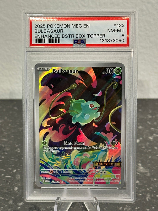 2025 Pokemon MEG EN Bulbasaur #133 Enhanced Booster Box Topper - PSA 8 NM-MT