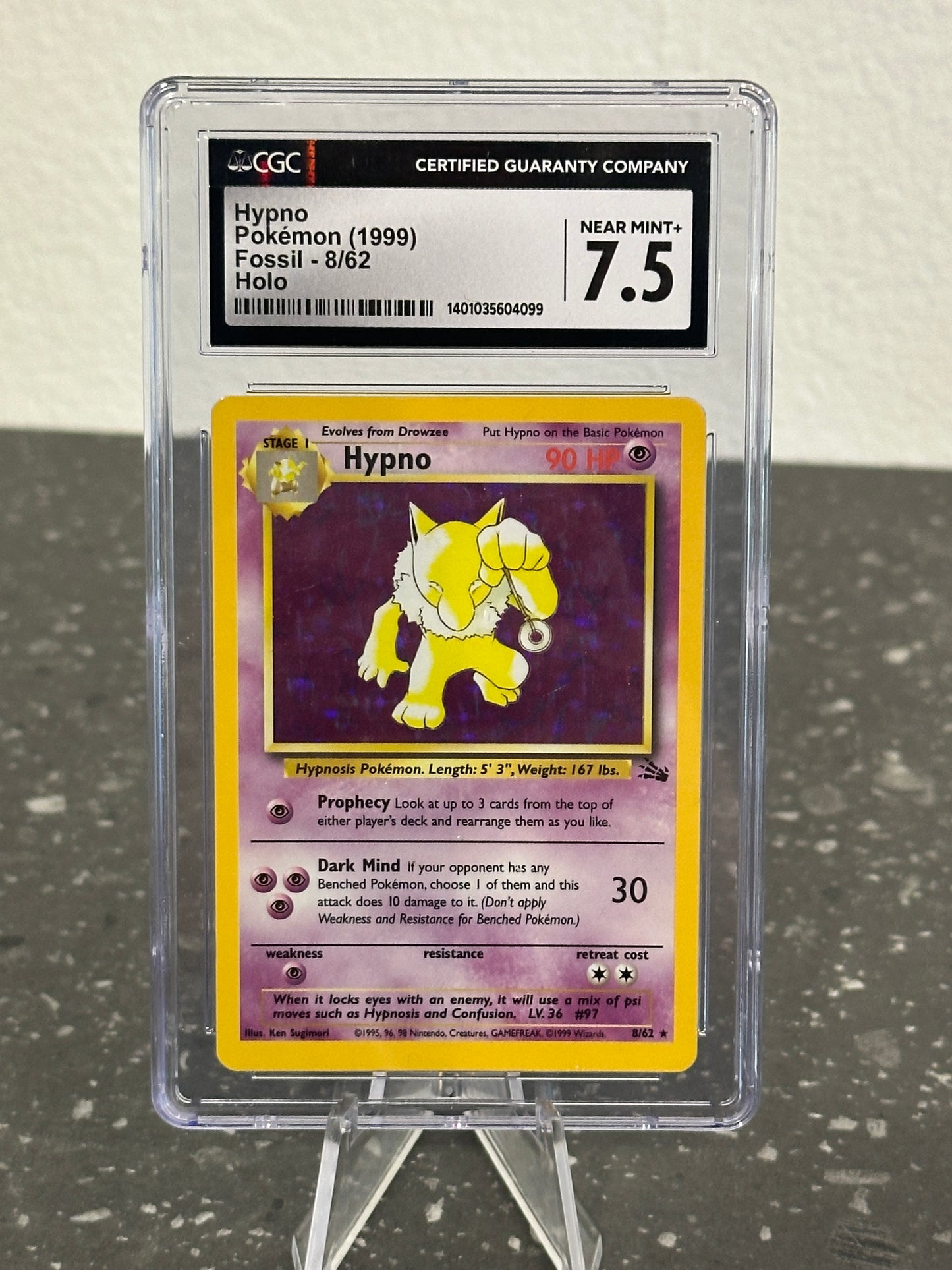 1999 Pokemon Fossil Hypno Holo Rare 1st Generation #8/62 - CGC 7.5 NM+