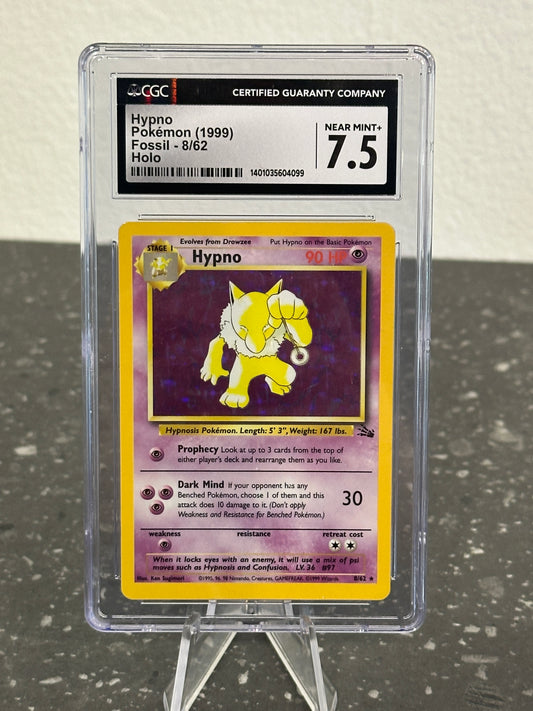 1999 Pokemon Fossil Hypno Holo Rare 1st Generation #8/62 - CGC 7.5 NM+